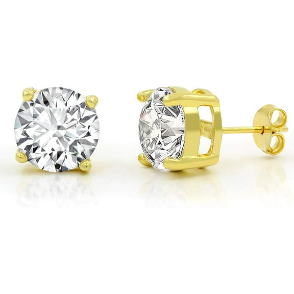 925 Sterling Silver 3mm - 10mm Round Cut Yellow Gold Plated Unisex Classic Clear Cubic Zirconia CZ Stud Earrings, Giorgio Bergamo 10mm