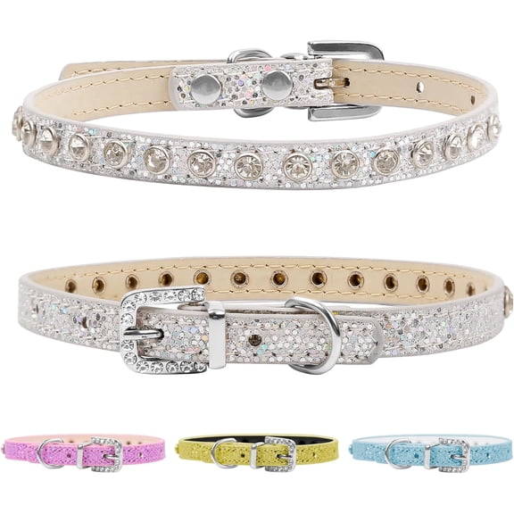 Shiny Rhinestone Pet Collar - Adjustable PU Leather Dog & Cat Collar with Bling, Sparkling Fashion Accessory for Small Dogs