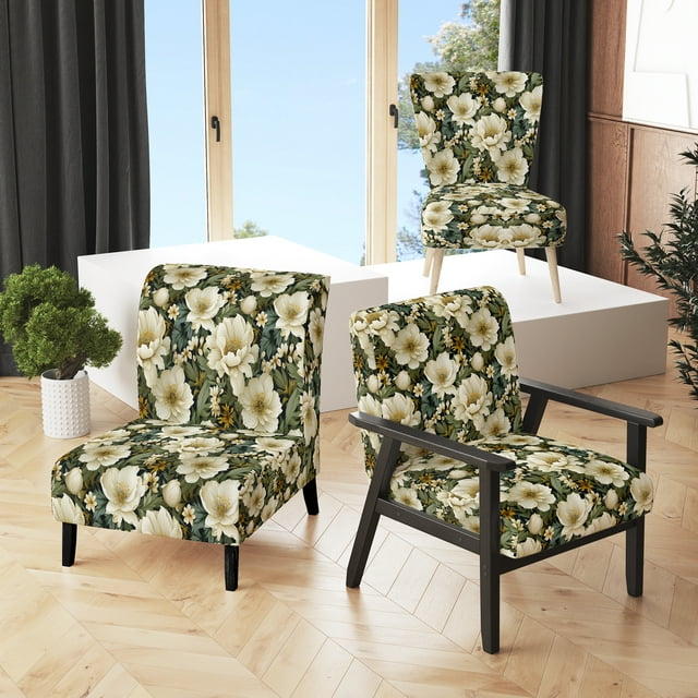 Designart "Verdant Elegance II" Green Floral Upholstered Accent Chair - Cottage Arm Chair For Bedroom