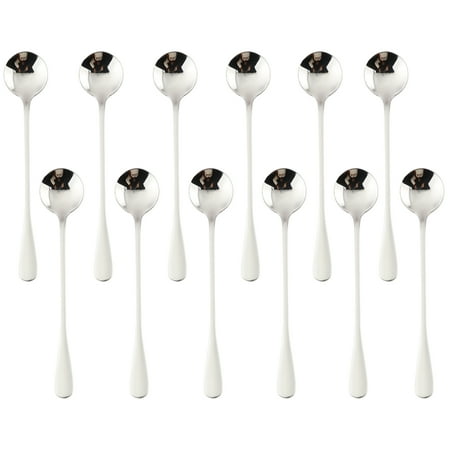Silver Long Handle Spoon, MDEALY 7” Stainless Steel Round Style Mixing Spoon, Coffee Ice Cream Spoon Cocktail Mixing Silverware Spoon Set for 12