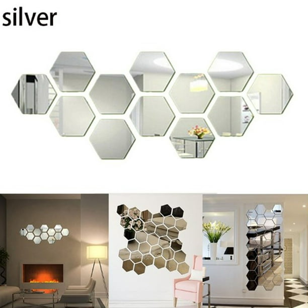 12Pcs Acrylique Hexagone 3D Art Miroir Mur Autocollant Maison Décor Couleur: Argent Taille: 46x40x23mm