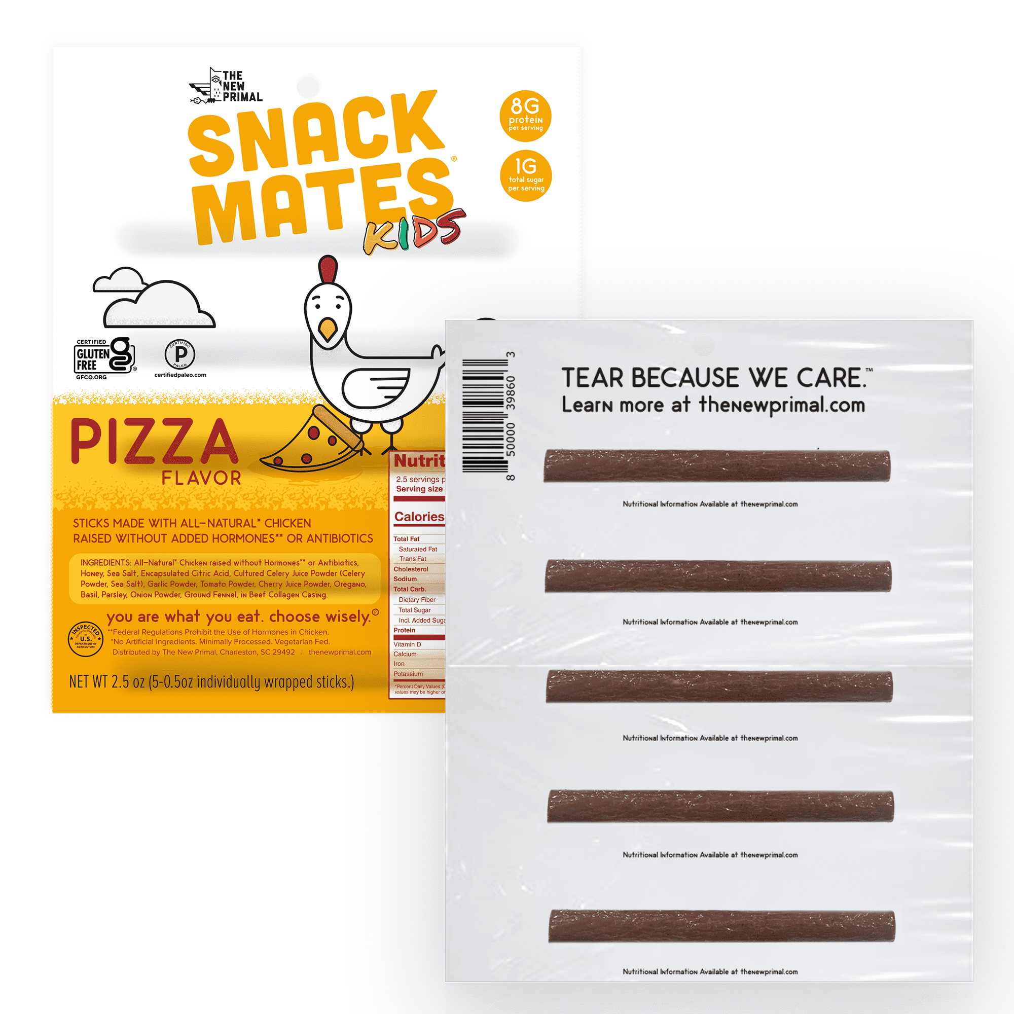 (2 pack) The New Primal Snack Mates Chicken, Pizza Stick, 5-Pack