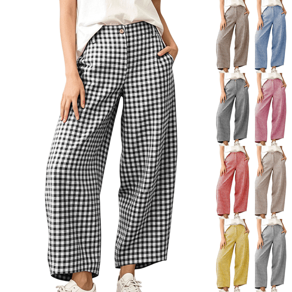 Sunnin Womens High Waist Plaid Wide Leg Pants with Pockets Button Front Curved Cropped Trousers