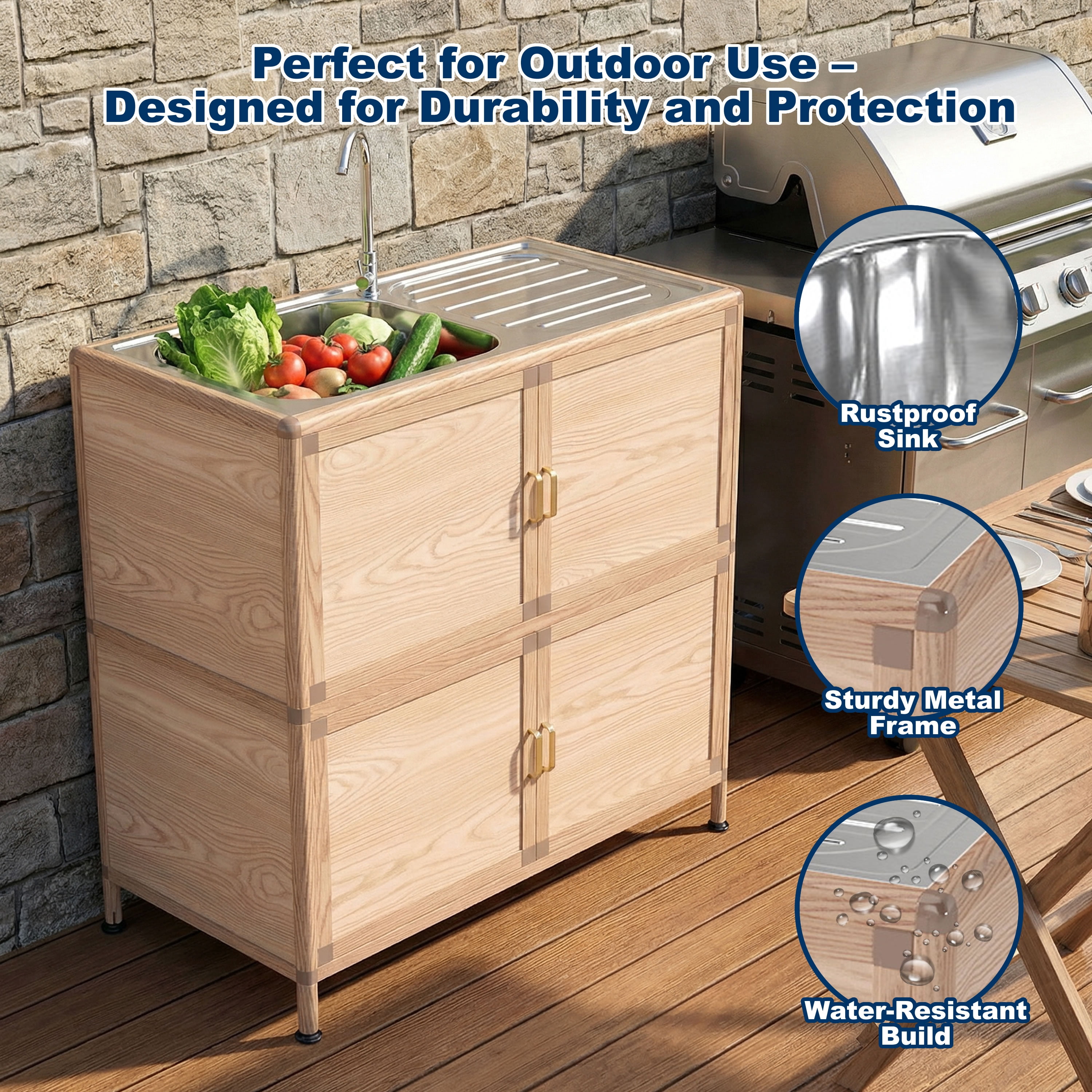 Utility Sink with Cabinet, Freestanding Laundry Room Sink with Faucet and Storage, Stainless Steel Utility Tub for Garage, Workshop, Outdoor Kitchen, 32.68" Natural Wood