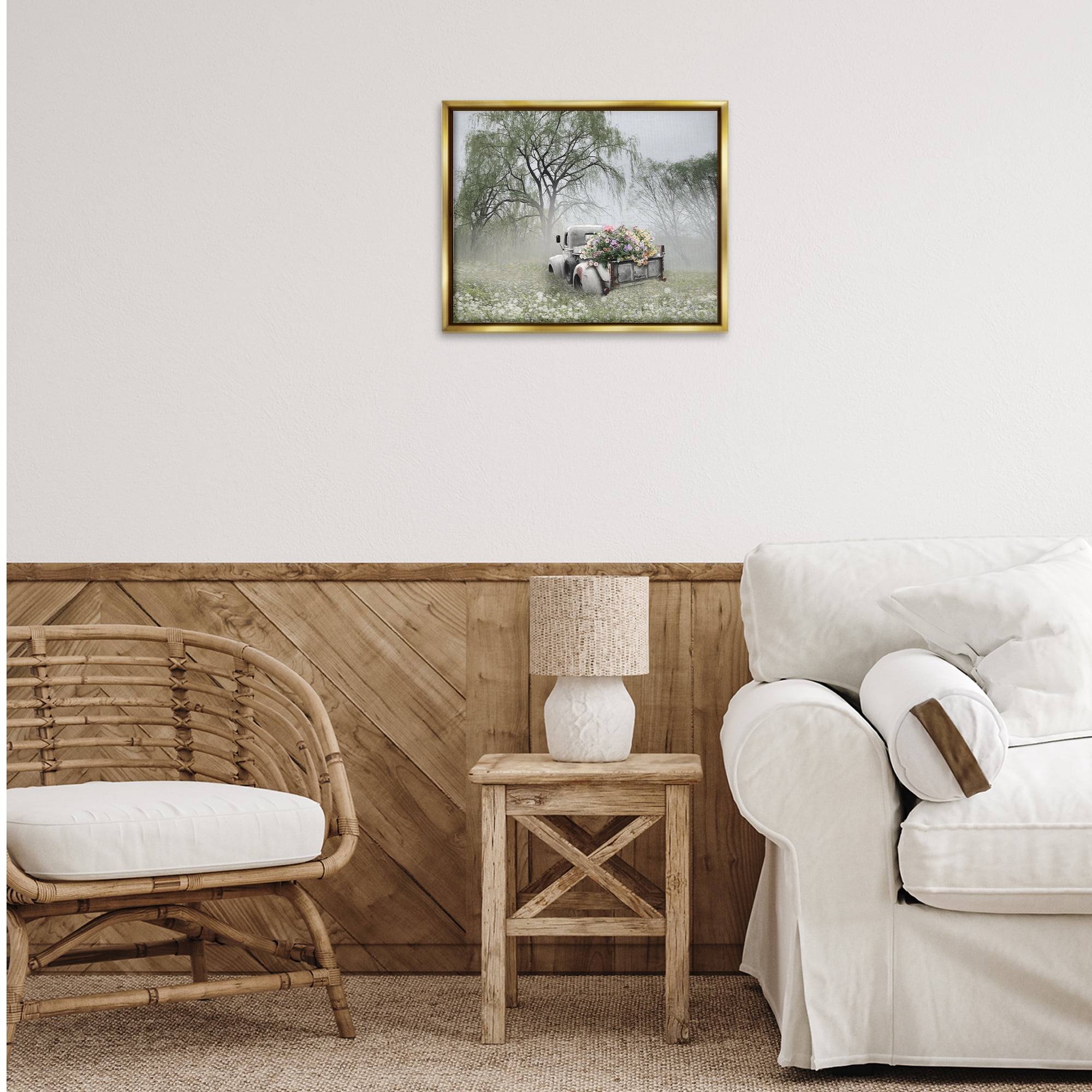 Stupell Industries Overgrown Floral Truck Plants & Flowers Photography Gold Floater Framed Canvas Art Print Wall Art, 21 x 17
