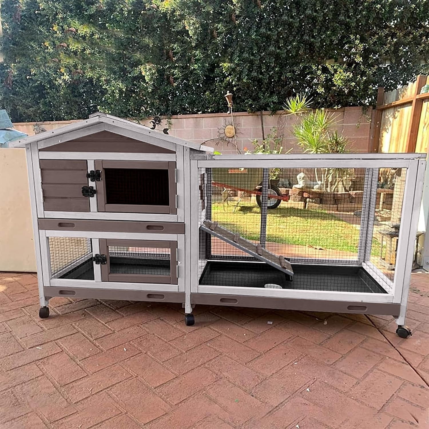 Outdoor Rabbit Hutch Indoor Bunny on Wheels Large Guinea Pig Cage with Run for Any Small Animals, Removable Pull Out Tray, White