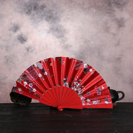 

ERTUTUYI Chinese Style Dance Wedding Party Lace Silk Folding Hand Held Flower Fan Red