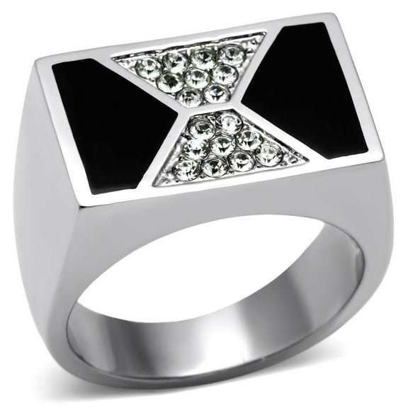 Luxe Jewelry Designs Stainless Steel Men's Ring with Round Clear Crystals and Epoxy - Size 10