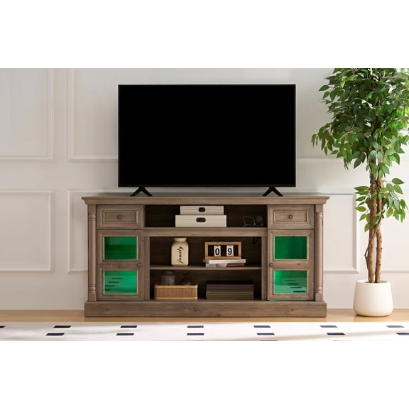 Lisonu 70" Farmhouse TV Stand for TVs up to 80 Inches, Modern Entertainment Center with LED Mood Lighting, Fireplace-Compatible, Gray Woodgrain