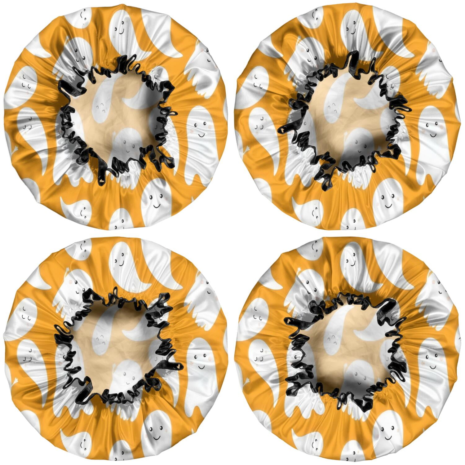 Shower Caps,Orange Halloween Ghosts Waterproof Shower Cap for Women 4 Pieces,Double Reusable Hair Cover for Shower PEVA Elastic Stretch Hem