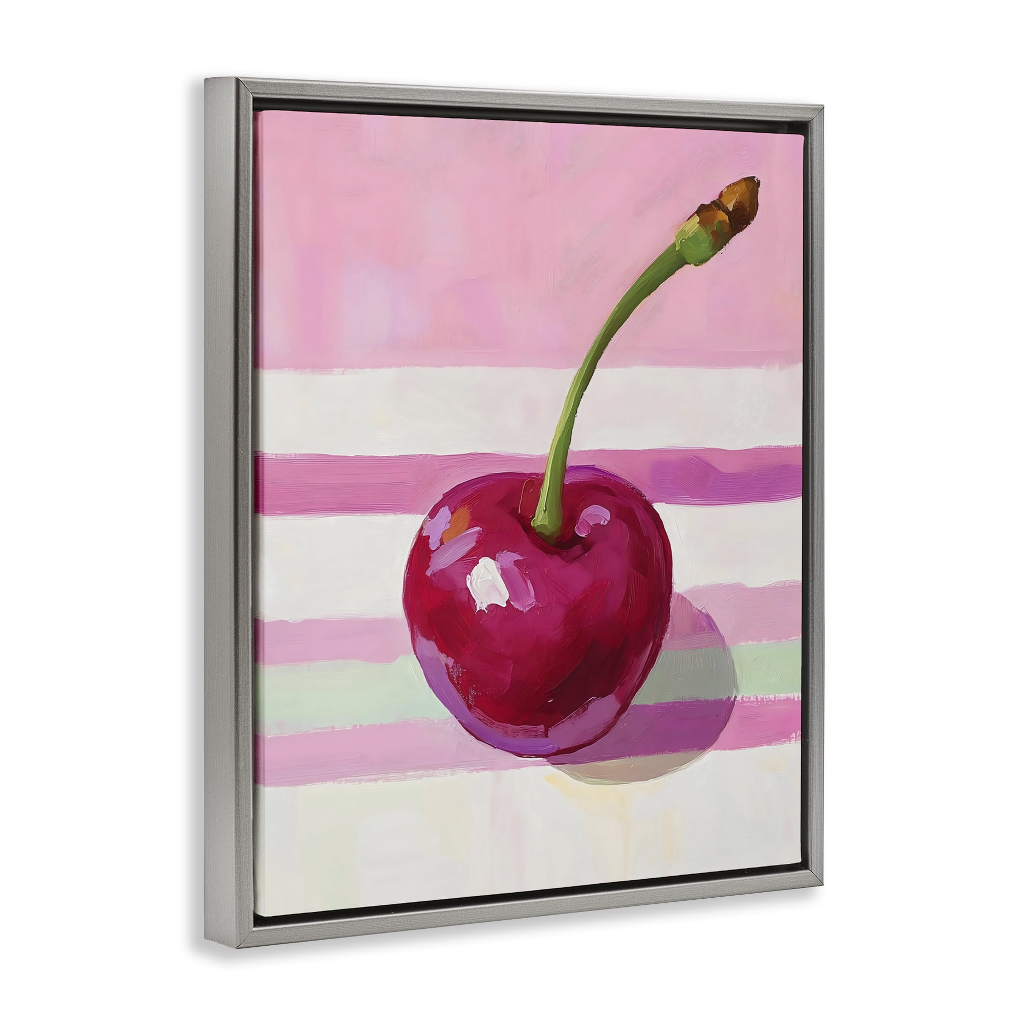 Stupell Industries Cherry on Pink Stripes Gray Framed Floater Canvas Wall Art, design by The Prints Vibe