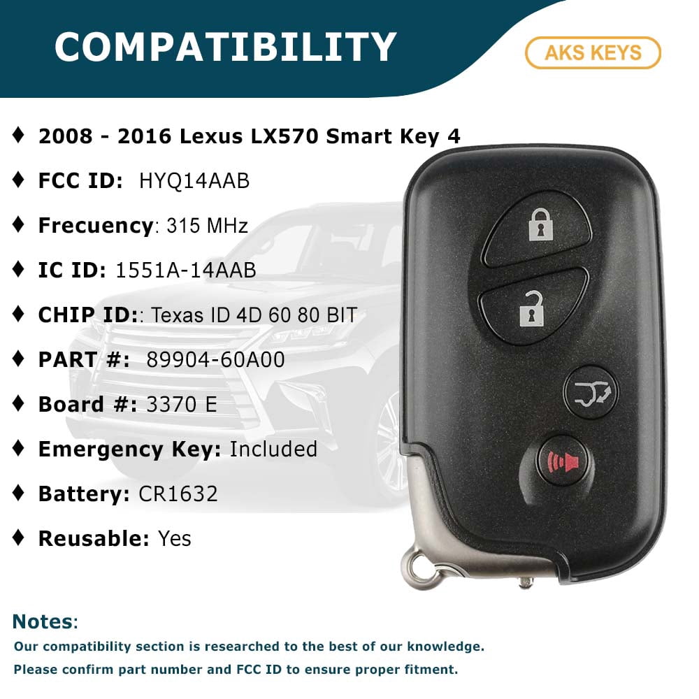 AKS KEYS Replacement for Lexus LX570 Smart Key 4B Fob (Lock, Unlock, Hatch and Panic) That Uses FCC HYQ14AAB