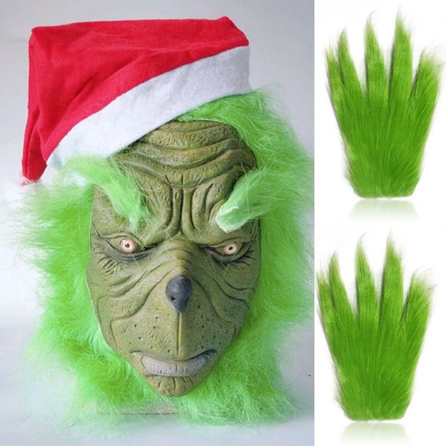 Christmas Costume Props Green Grinch Latex Mask and Gloves, Adult Masks