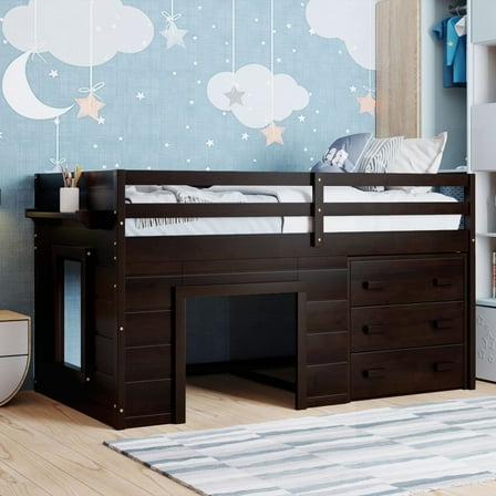 Loft Bed in Espresso with Cabinet & Shelf - Sturdy & Safe for Family Use