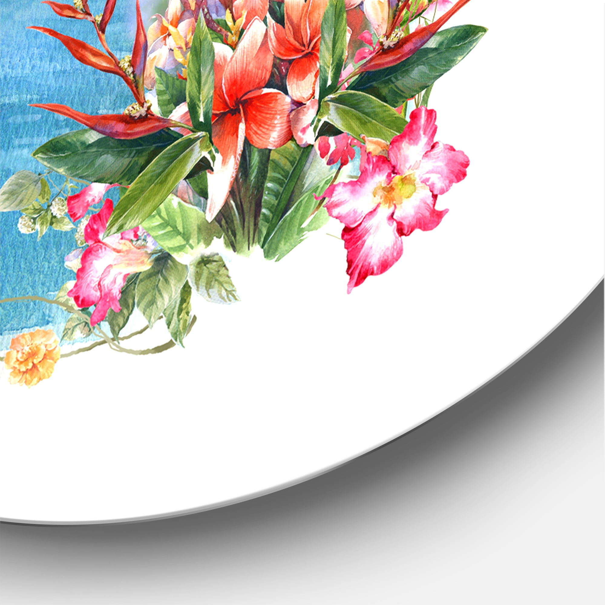 Designart 'Parrots and Flowers By The Blue Waterside' Traditional Circle Metal Wall Art 29x29 - Disc of 29