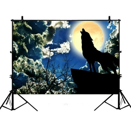 PHFZK 7x5ft Night Sky Backdrops, Black Wolf Silhouette Howling Thunderstorm Full Moon Nature Art Photography Backdrops Polyester Photo Background Studio