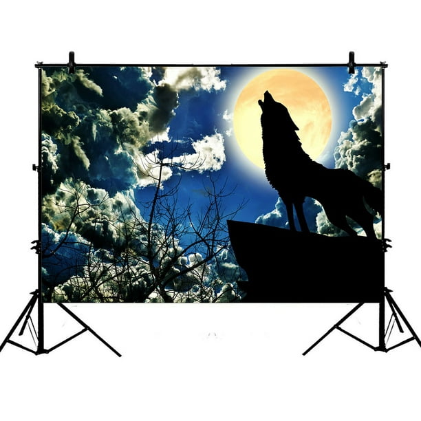 PHFZK 7x5ft Night Sky Backdrops, Black Wolf Silhouette Howling
