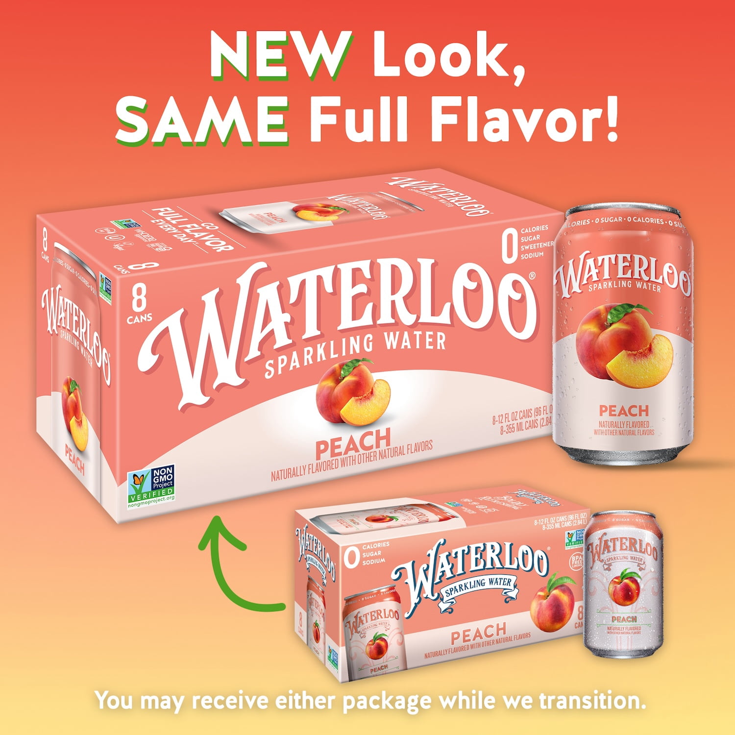 (6 pack) Waterloo Sparkling Water, Peach, 12 fl oz, 8 Pack Cans