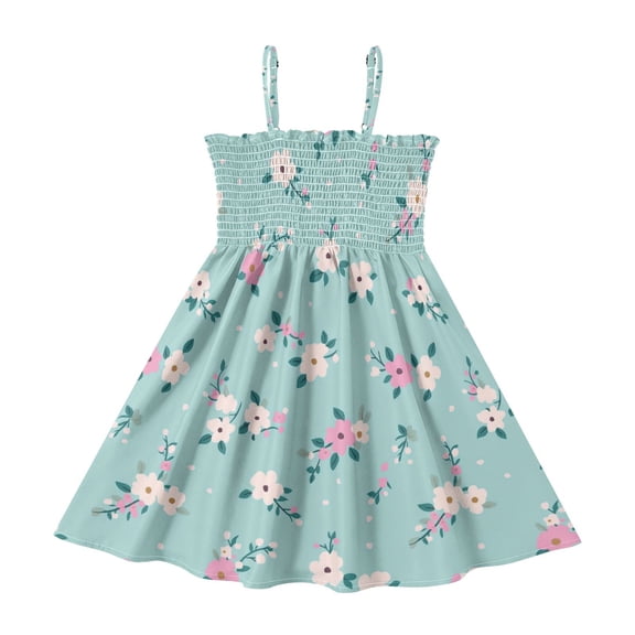 Little Girls Sleeveless Sundress Pleated Ruffle Trim Smocked Top Casual Spaghetti Strap Summer Dress Pink and Teal Floral Pattern 2Y