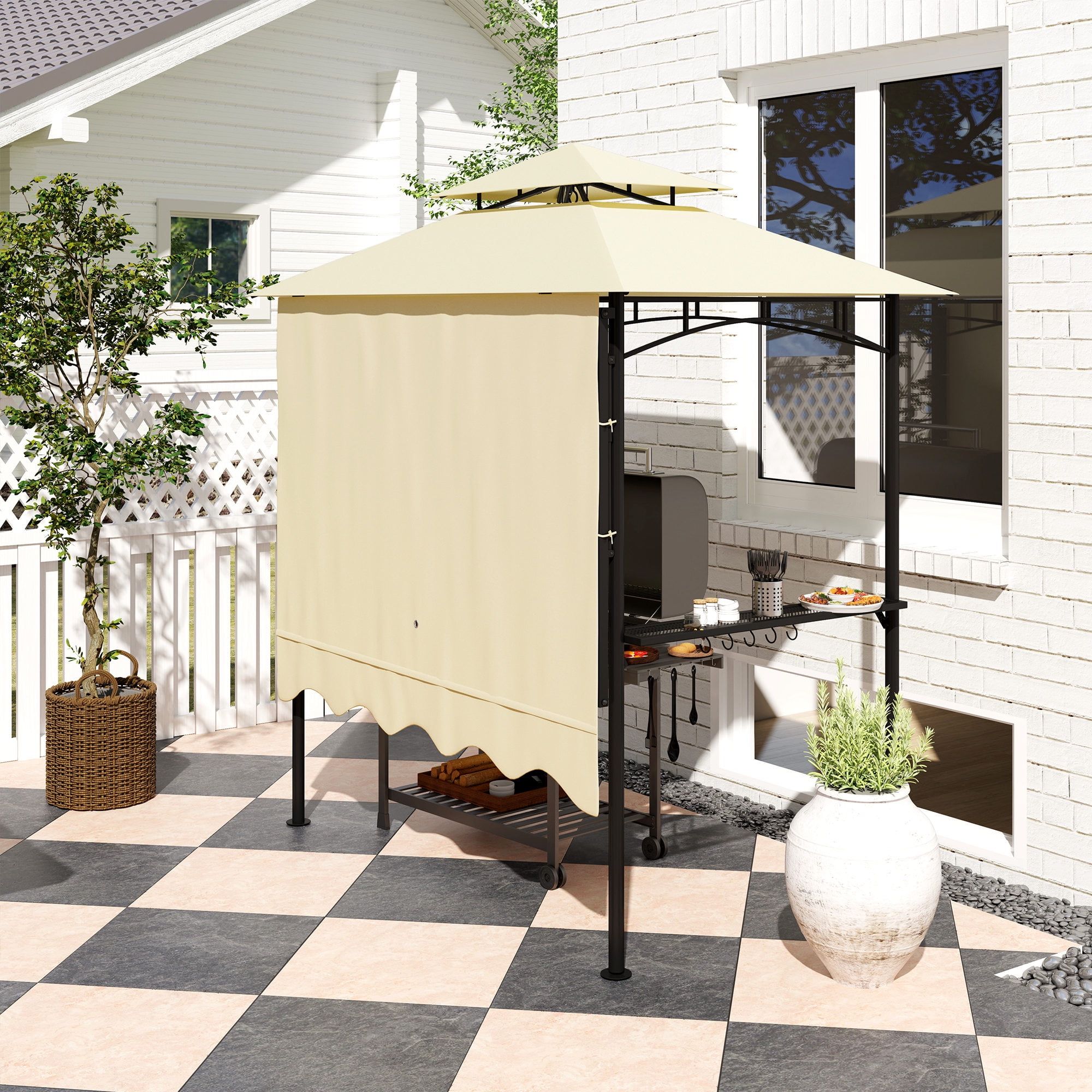 Outsunny 8' x 7.6' Grill Gazebo, Double Tiered Outdoor BBQ Gazebo with Side Awning, 2 Side Shelves and 6 Hooks for Patio, Deck, Yard, Beige