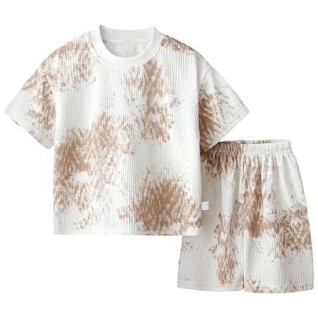 KPOPLK Toddler Baby Boy Summer Clothes 0 3 6 9 12 18 Months 2T 3T 4T Set Mesh Fabric Letter Print Short Sleeves T-Shirt Tee Tops + Shorts Cute Outfits Set(100 Khaki)