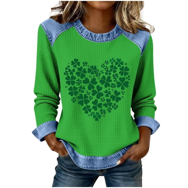 Mujeres de Manga Larga Tops Casual Cuello Redondo Día de San Patricio Impresión Denim Parche de Color Sólido Moda Superior