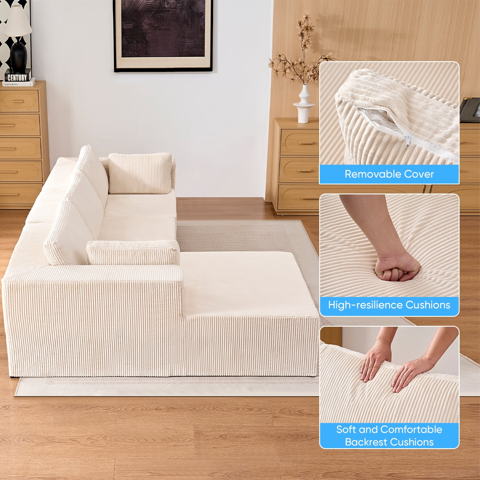 ZAFLY 106" Cloud Sectional Couch with Chaise, L Shaped Sleeper Sofa with Deep Seat, Oversized Modular Couches and Sofas for Living Room -  Beige
