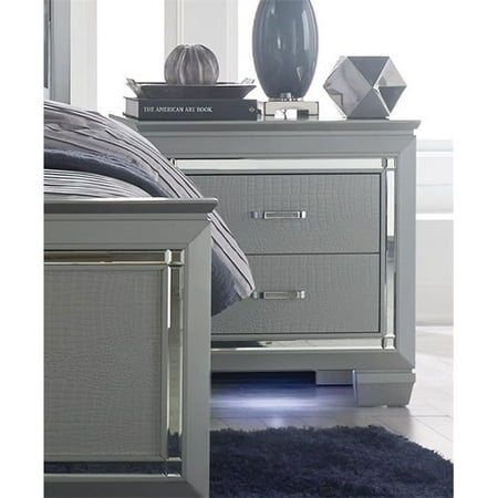 Benzara Mirror Accented Wooden Night Stand With 2 Drawer  Gray