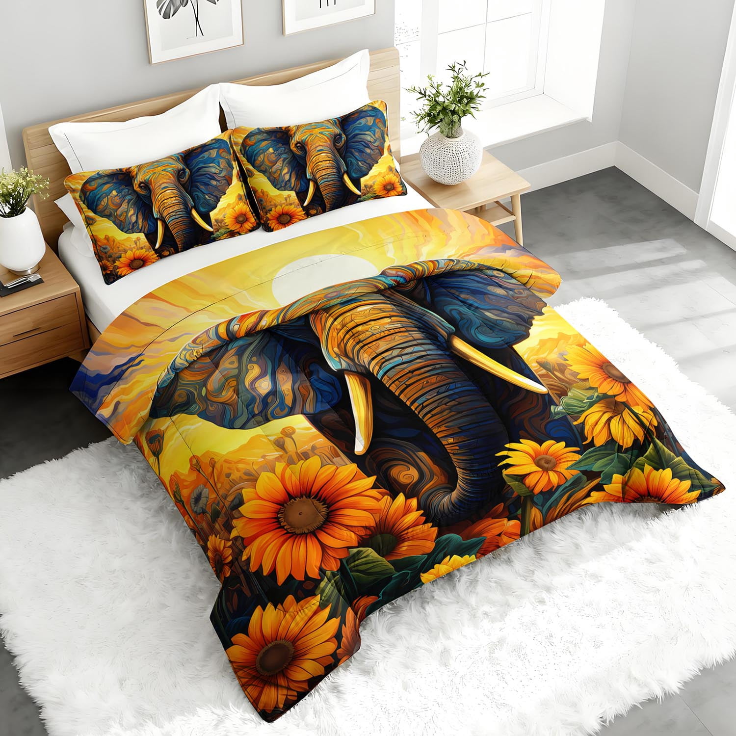 3pcs Artistic Elephant Comforter Set, Vibrant African Wildlife Bedding Set for Bedroom or Guest Room Decor, All Seasons Quilt Machine Washable Duvet with 2 Pillowcases