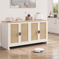 thumbnail image 1 of Buffet en Rotin de 60 Pouces - Bahut de Rangement Style Ferme avec 4 Portes et Tablettes Ajustables, Table Console Tressée pour Salle à Manger, Salon, Entrée, Blanc et Naturel, 1 of 7