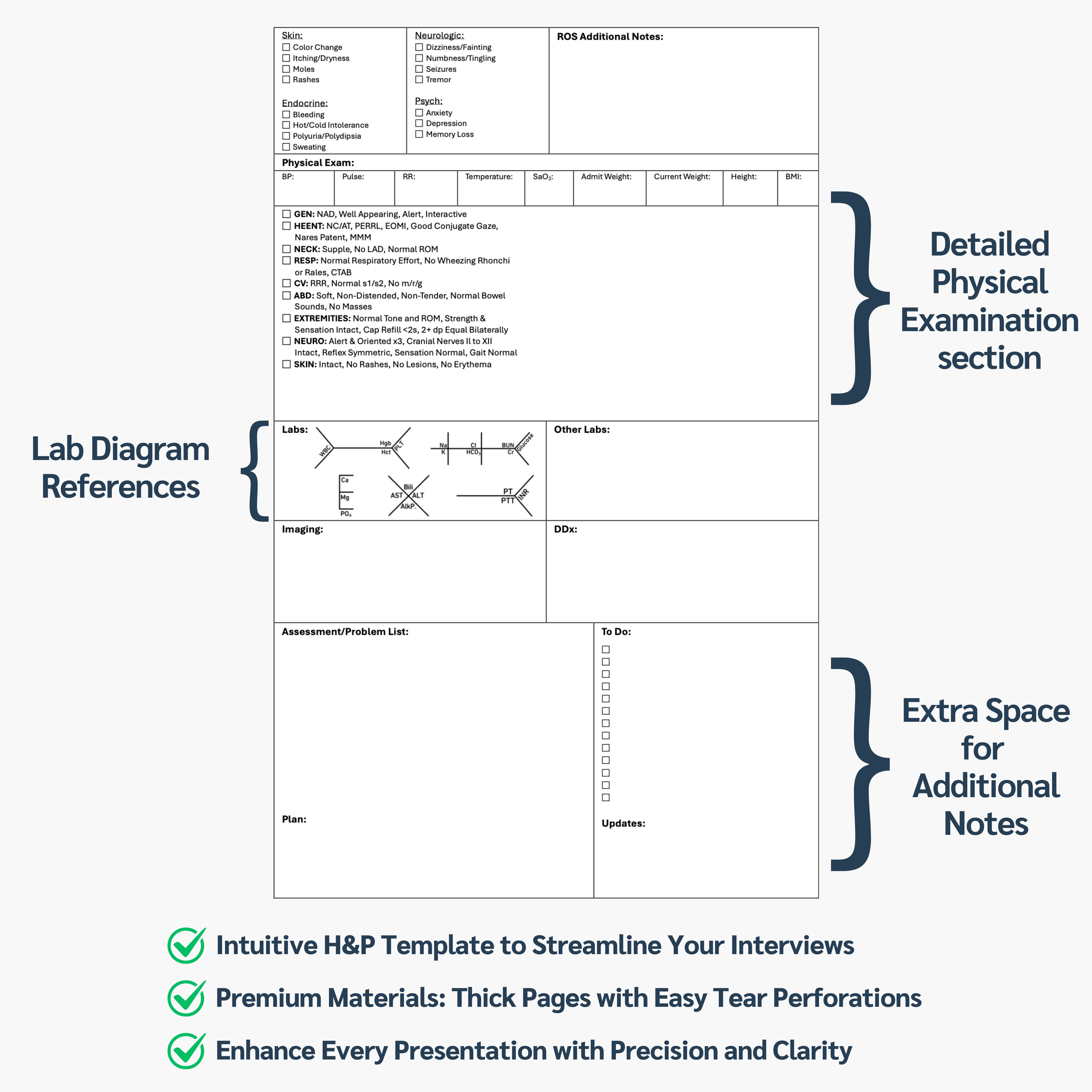 H&P Notebook: 110 Perforated Medical History & Physical Templates, 2-Page View, Spiral-Bound, Pocket Size 8.5"x5.5", Includes Medicine Reference Sheet, Ideal for Students & Professionals - 1 Pack