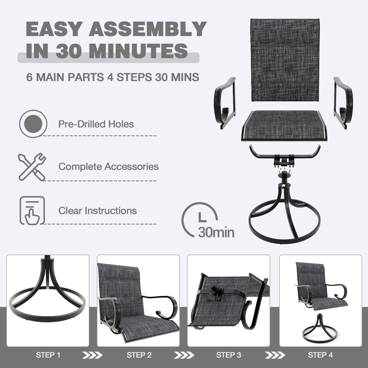 MELLCOM Patio Swivel Chair Set of 2, High Back Padded Textilene Outdoor Dining Chairs with E-Coating Metal Frame, All-Weather Outdoor Furniture Rocker for Backyard, Porch, Garden, Lawn, Grey