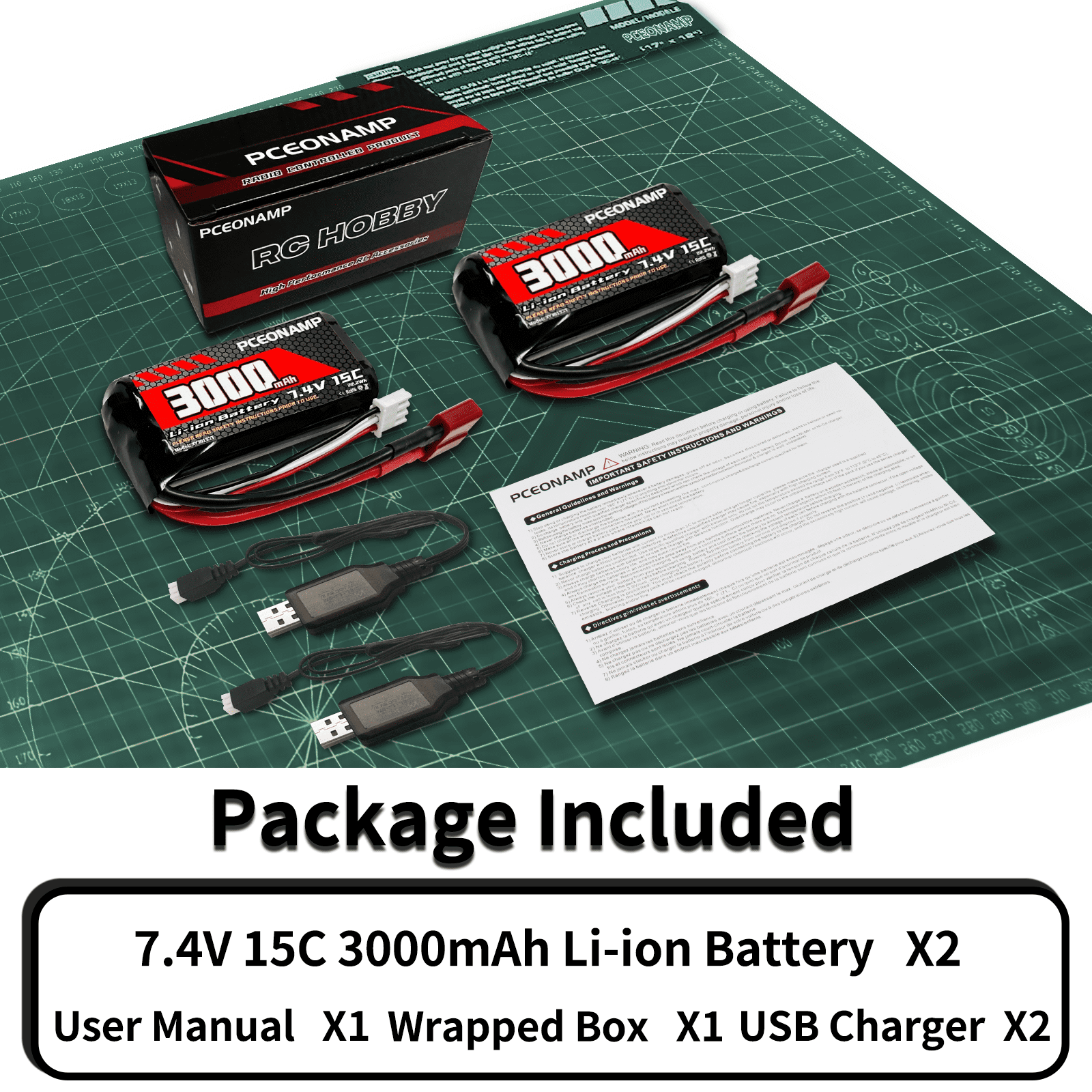 7.4V Li-ion Battery 3000mAh 2S with T Plug Rechargeable High Capacity RC Battery Fit for WLtoys 4WD High Speed RC Cars and Most 1/10, 1/12, 1/16 Scale RC Cars Trucks with 2 USB Chargers