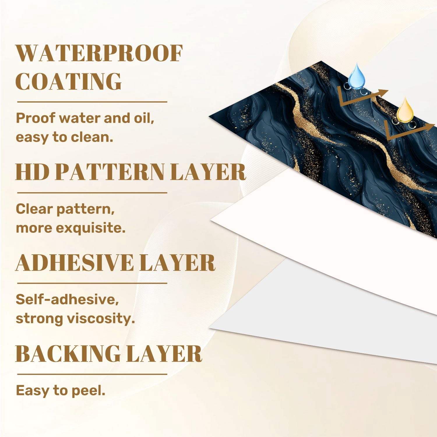 Peel and Stick Wallpaper Abstract Dark Blue Gold Marble Sparkles Wall Mural 23.6in x 9.8ft Self Adhesive Removable Wall Paper Renter Friendly Wallpaper for Nursery Bedroom Cabinets