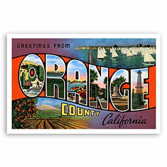 GREETINGS FROM ORANGE COUNTY, CA vintage reprint postcard set of 20 identical postcards. Large Letter Orange County, California name post card pack (ca. 1930's-1940's). Made in USA.