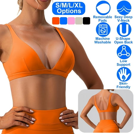 Moclever Women Deep V-Neck Sports Bra  Padded Strappy Crop Open Back Sports Bra with Removable Pads for Running Gym Yoga