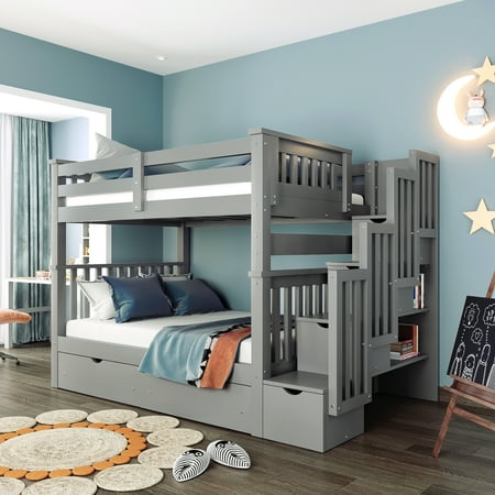 CoSoTower Full Over Full Bunk Bed With Shelves And 6 Storage Drawers, Gray