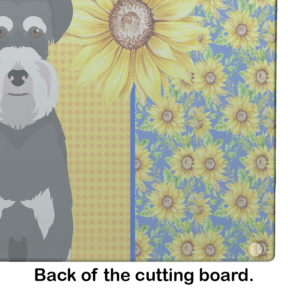 Summer Sunflowers Black and Silver Natural Ears Schnauzer Glass Cutting Board Large 12 in x 15 in