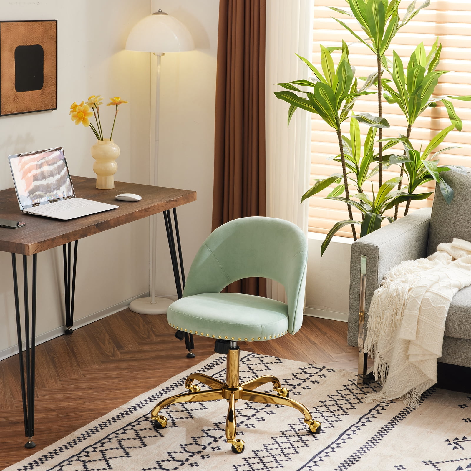Ktaxon Office Desk Chair Adjustable Flannel Computer Task Chair Small Rolling Vanity Stool with Wheels for Study Make-up Light Green