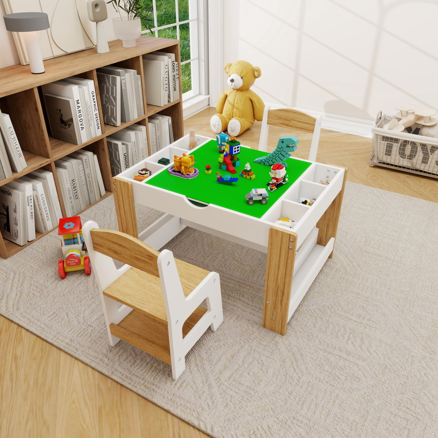 Kids 2 in 1 Play Table & 2 Chairs Set, with 7 Storage Compartments, Compatible with LEGO Building Block, Modern Activity Learning Table Game Furniture White