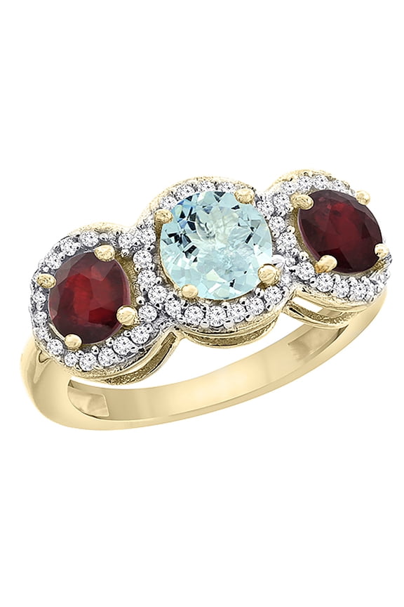 14K Yellow Gold Natural Aquamarine & Enhanced Ruby Sides Round 3-stone Ring Diamond Accents, size 6