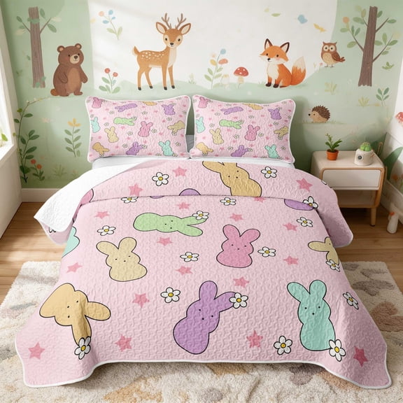 Erosebridal Bunny Twin Quilt Set for Girls, Pink Daisies Twin Coverlet Set, 2pcs 1 Bedspread and 1 Pillowcase