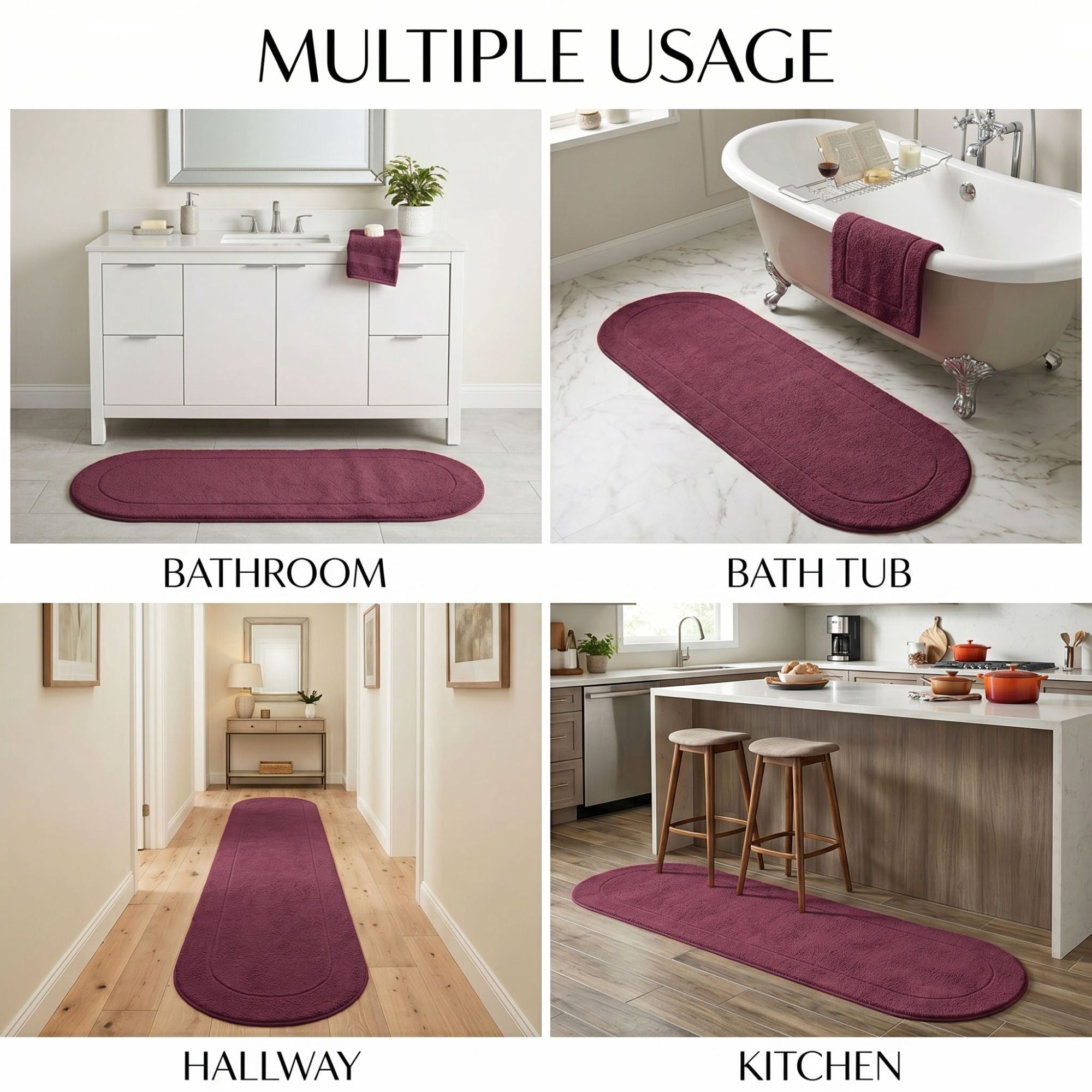 Superior Oval Bordered Cotton Washable Non-Slip Bath Rug, Runner Size, Plum