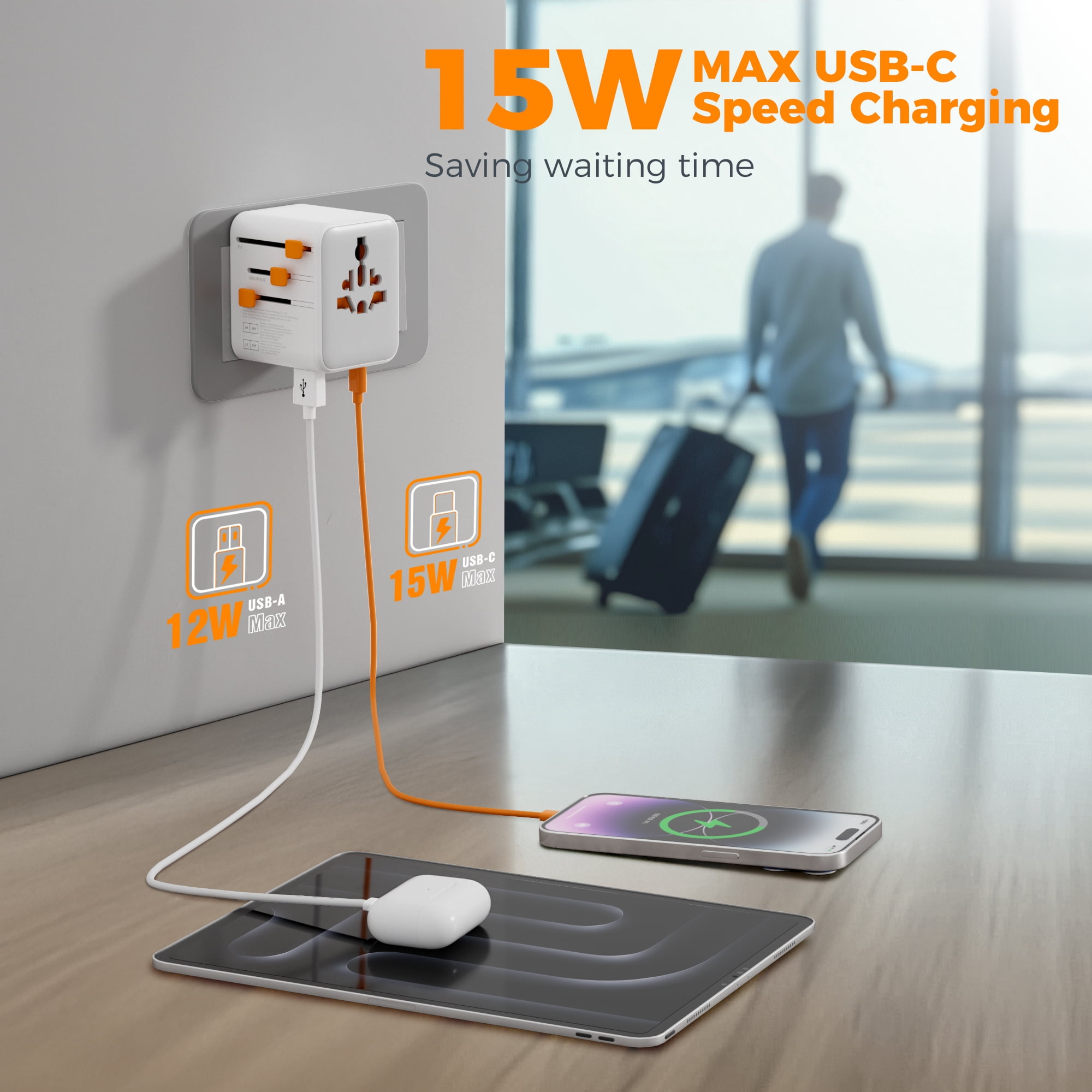 Universal Travel Plug Adapter, Type C/G/I/A Multiple Plug Options, 4 USB Ports (2 USB-C) 2 AC Outlets, International Wall Charger, Compact