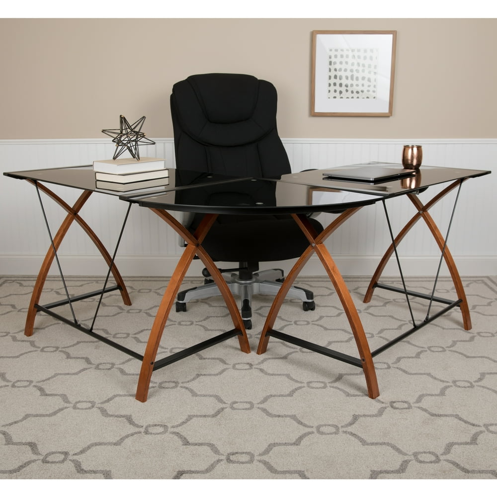 Flash Furniture Black Glass LShape Corner Computer Desk with PullOut Keyboard Tray Walmart