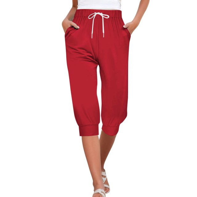 Lroveb Pantalons Capri pour Femmes avec Cordon de Serrage Pantalons d'Entraînement d'Été Shorts 2024 Taille Haute à Volants Ourlet Plissé Floral Pantalons Décontractés Rouge