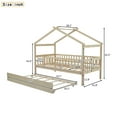thumbnail image 3 of Twin House Bed with Trundle, Wooden Twin Platform Bed Frame with Fence and Roof, Tent Bed Floor Bed, Wood Playhouse Bed Trundle Bed for Bedroom, Dorm, Natural, 3 of 7