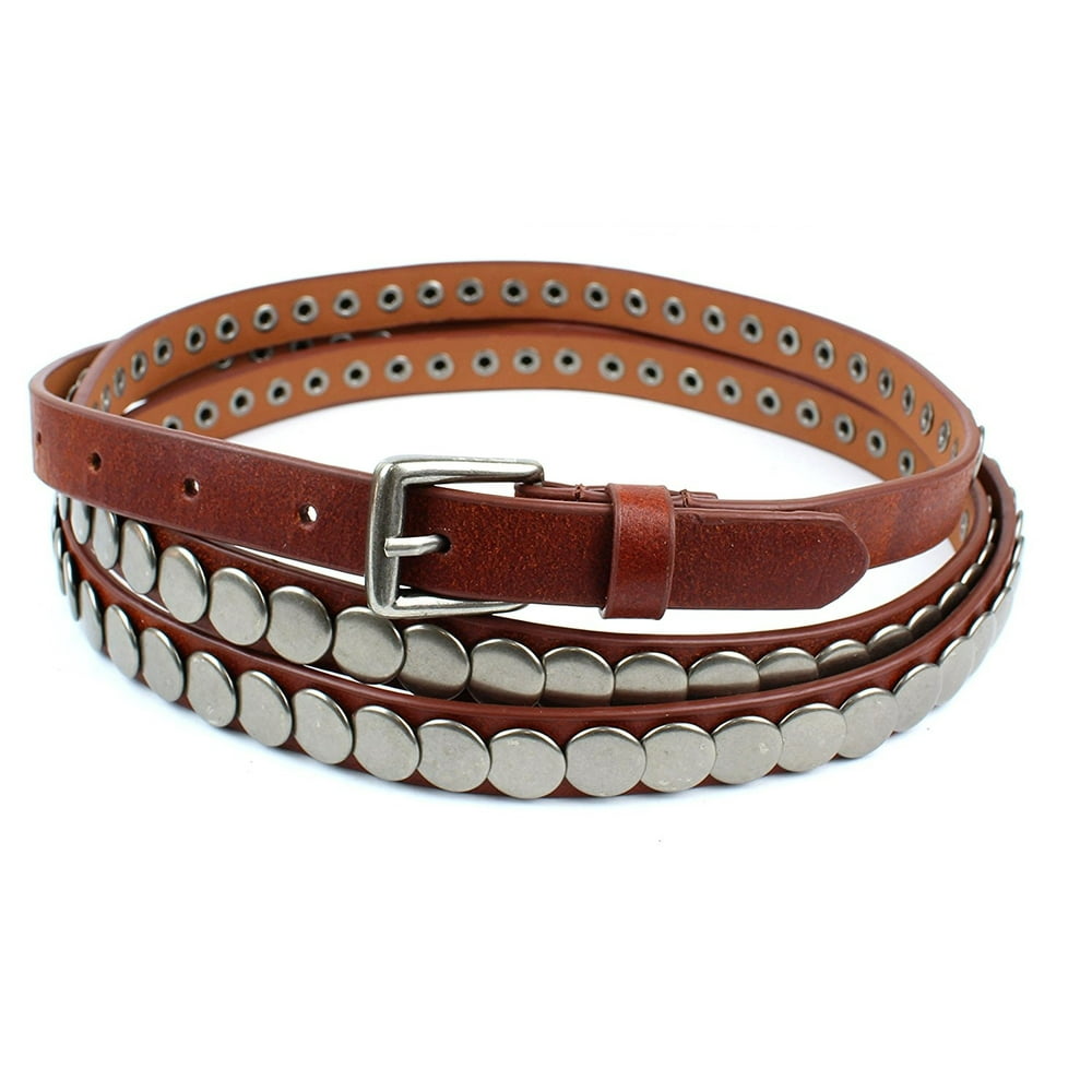 BC Belts Womens Thin Skinny Double Wrap Leather Belt Round Metal