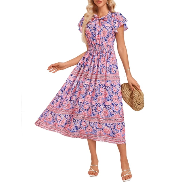 Vestido hawaiano GRACE KARIN con estampado floral en A, manga corta, azul S