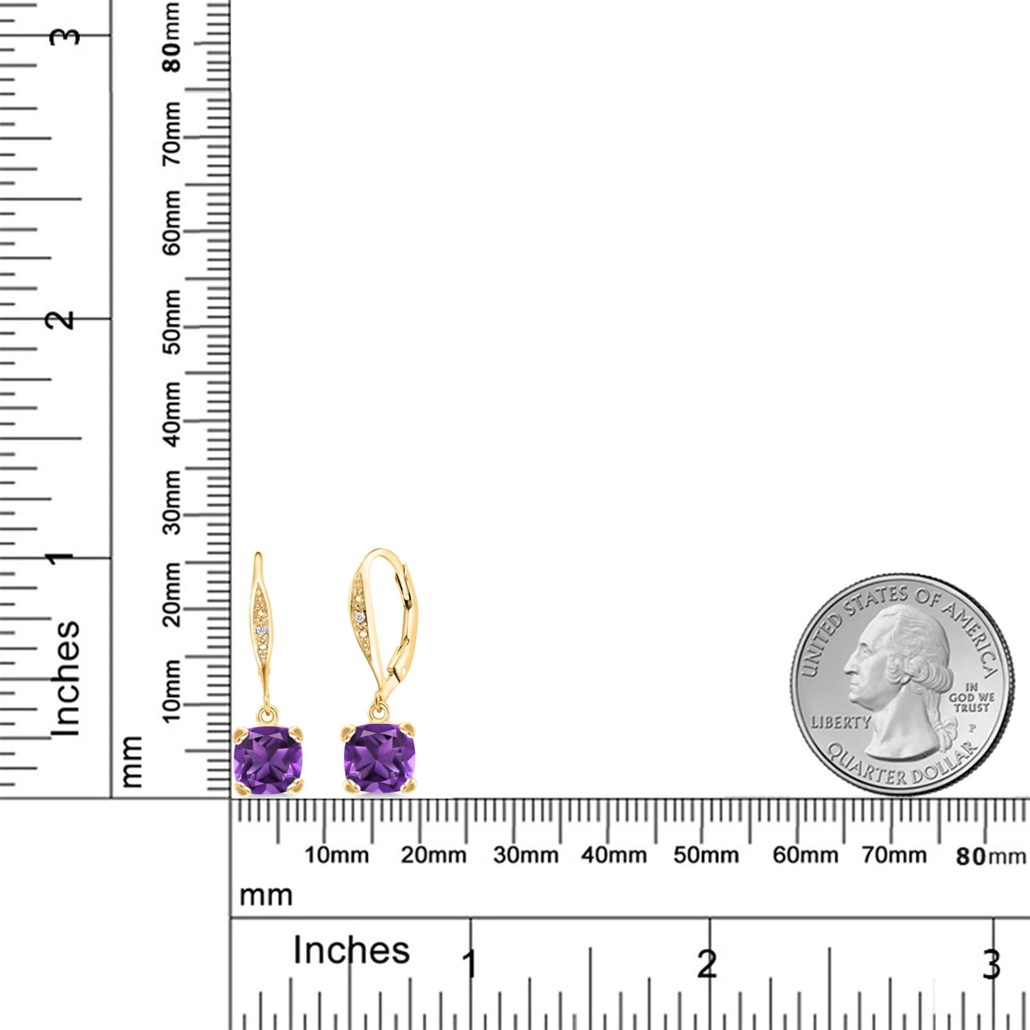 Gem Stone King 18K Yellow Gold Plated Silver Purple Amethyst and White Diamond Earrings for Women (2.81 Cttw, Gemstone February Birthstone, Cushion 7MM)